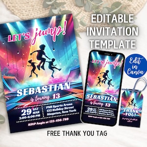 Bearbeitbare Trampoline Park Sprung-Geburtstagsfeier-Einladung, Hüpf-Party-Einladung, Canva-Vorlage, digitaler Download
