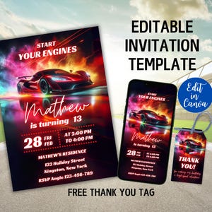 Red Sports Car Birthday Invitation, Race Car Party Invitation for Teen Boys 13th Birthday, Fast Cart Birthday Invites, Editable Invitation