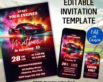 Editable Red Sports Car Birthday Invitation, Race Car Party Invitation for Teen Boys 13th Birthday, Fast Cart Birthday Invites