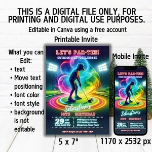 May include: A digital invitation for a golf-themed birthday party. The invitation features a cartoon golfer in neon colors with the text "Let's Par-Tee!" and "Sebastian's 10th Birthday". The invitation is available in two sizes: 5x7 inches and 1170x2532 pixels.