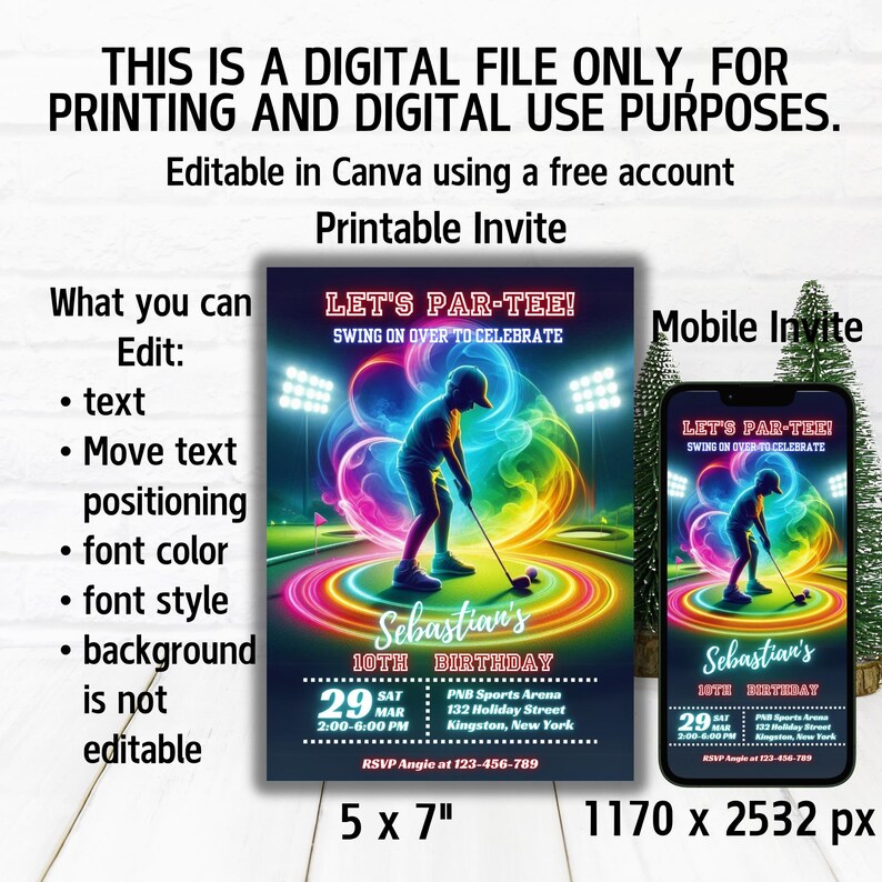 May include: A digital invitation for a golf-themed birthday party. The invitation features a cartoon golfer in neon colors with the text "Let's Par-Tee!" and "Sebastian's 10th Birthday". The invitation is available in two sizes: 5x7 inches and 1170x2532 pixels.