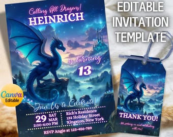 May include: A fantasy-themed invitation and thank you tag set. The invitation features a blue dragon illustration with the text "Calling All Dragons! HEINRICH is turning 13." The thank you tag has a matching dragon design and reads "THANK YOU!"