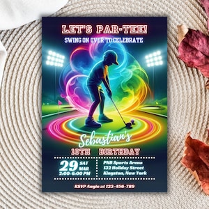 May include: A birthday party invitation with a neon rainbow design. The invitation features a silhouette of a child playing miniature golf. The text reads "Let's Par-Tee!" and "Sebastian's 10th Birthday". The invitation includes the date, time, and location of the party. RSVP information is also included.