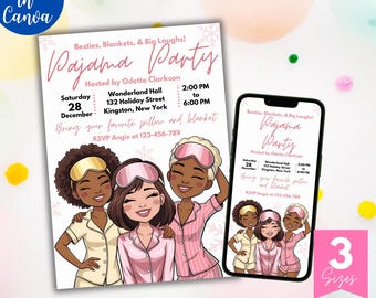 Girls Pajama Party Birthday Invitation, Girls Sleepover Invite, Slumber Birthday Invite for Teens, Editable Canva Template, Digital Download