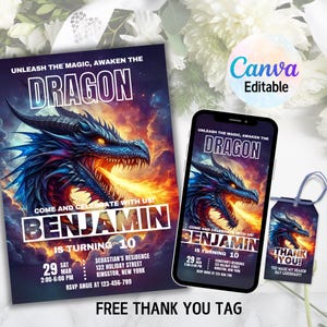 Invitación de cumpleaños de dragón editable, invitación de dragón de fantasía, invitación con temática de dragón, invitación para niños, invitación de dragón mágico, invitación de dragón de fantasía