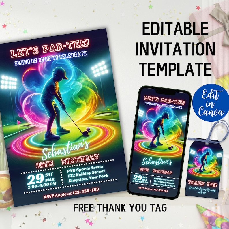 May include: Editable golf-themed birthday invitation template with a neon rainbow design. The invitation features a silhouette of a golfer swinging a club, with the text "Let's Par-Tee!" and "Swing on over to celebrate". The invitation also includes the birthday boy's name, age, date, time, and location. A free thank you tag is included.