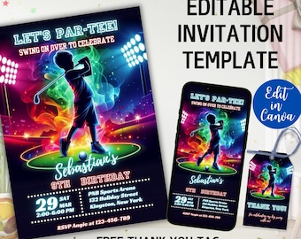 Editable Mini Golf Birthday Invitation, Neon Glow Par-tee Invitation, Sports Theme (Digital Download)