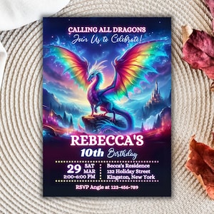 Peut inclure: Une invitation d'anniversaire sur le th&egrave;me de la fantaisie avec une illustration de dragon vibrante. Le dragon a des ailes arc-en-ciel et se d&eacute;tache sur un fond de montagnes et de ch&acirc;teau. Le texte de l'invitation dit "Appel &agrave; tous les dragons".