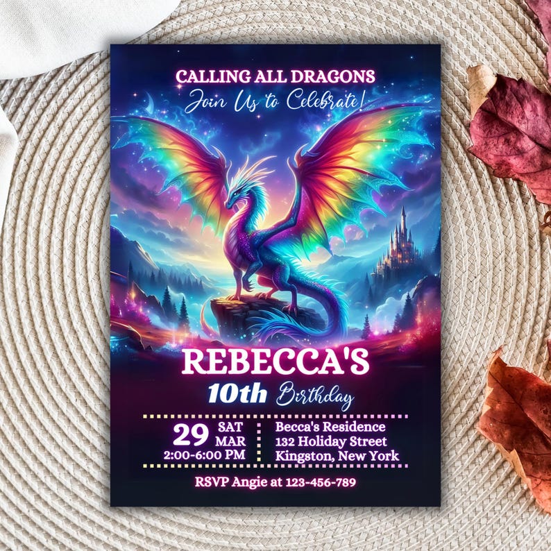 Peut inclure: Une invitation d'anniversaire sur le th&egrave;me de la fantaisie avec une illustration de dragon vibrante. Le dragon a des ailes arc-en-ciel et se d&eacute;tache sur un fond de montagnes et de ch&acirc;teau. Le texte de l'invitation dit "Appel &agrave; tous les dragons".