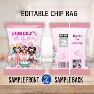 Spa-Chip-Beutelvorlage, Partylabel, Chip-Beuteletikett, druckbare digitale Datei, Spa-Gastgeschenk, bearbeitbare Spa-Chipbeutel, Spa-Geburtstag für Mädchen