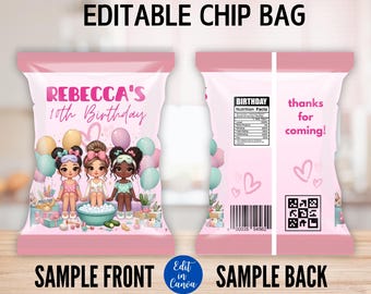 Etiqueta editable para bolsa de papas fritas para fiesta de spa: recuerdo de cumpleaños (archivo digital)
