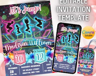 Invito per doppio compleanno su trampolino, invito per festa di salto, invito al parco di trampolini, invito per festa di rimbalzo, modello Canva modificabile, digitale