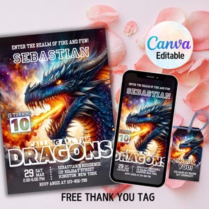 Invitación de cumpleaños de dragón editable, invitación de dragón de fantasía, invitación con temática de dragón para niños, invitación de dragón mágico, invitación de fantasía, Canva