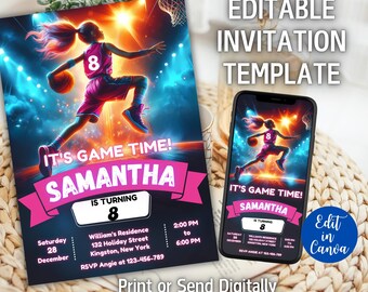 May include: Editable basketball-themed birthday party invitation template featuring a girl in a pink and black basketball uniform with the text "It's Game Time! Samantha is turning 8" and details for the party. The template is designed to be printed or sent digitally.
