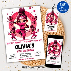 Editable Ninja Birthday Invitation for Girls, Ninja Theme Party Invitation, Martial Arts Birthday Party Invites, Ninja Warrior Party Invite