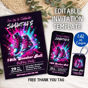 Editable Pink Sneaker Ball Party Invite for Girls, Sneaker Ball Birthday Invitation, Sneaker Invitation, Hip Hop Invitation, Canva Template