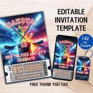 Invitation de fête de hockey sur glace modifiable, invitation d'anniversaire de hockey pour garçons, invitation de fête de sport, invitation d'anniversaire de billet de hockey, modèle de toile