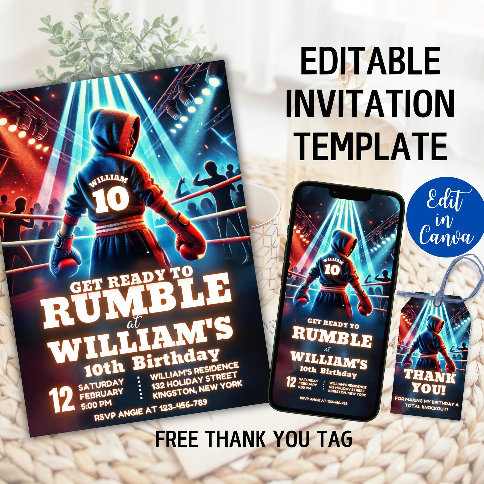 Editable Boxing Birthday Invitation, Sports Theme Party Invite, Tween ...