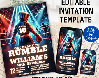 Könnte beinhalten: Editierbare Einladungsvorlage für eine Box-Motto-Geburtstagsparty. Die Einladung zeigt einen Boxer im Ring mit dem Text "Get Ready to Rumble at William's 10th Birthday". Die Einladung enthält auch ein Dankeschön-Etikett mit dem Text "Thank You! For making my birthday a total knockout!"
