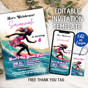 Surfing Girl Birthday Invitation: Beach Party, Editable Canva Template