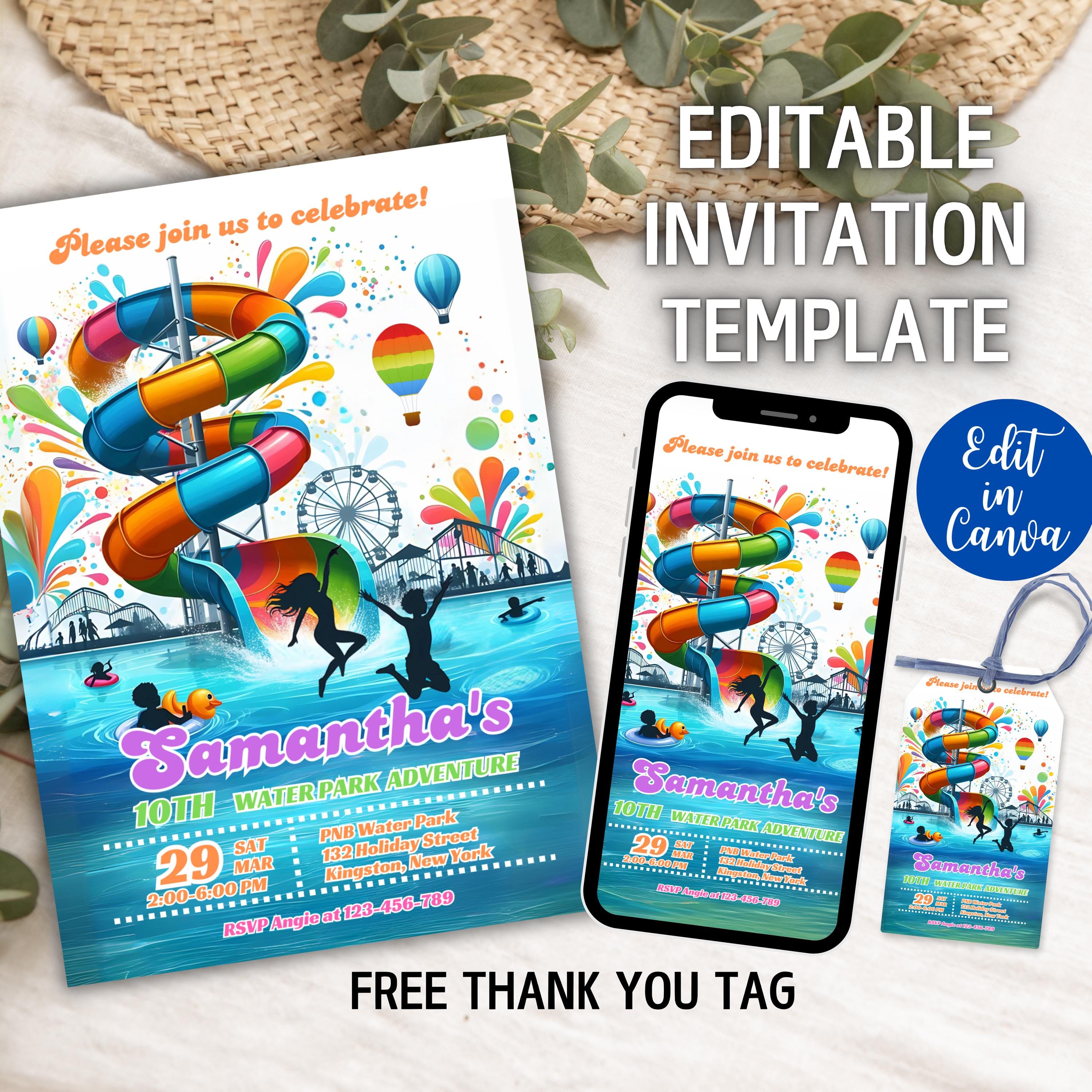 Waterpark Birthday Invitation: Waterslide Pool Party (Editable Canva Template)