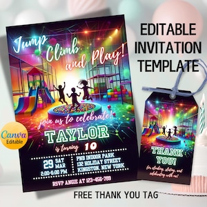 以下が含まれることがあります： 「Jump Climb and Play!」と「Taylor is turning 10」のテキストが入った招待状テンプレート。子供たちがジャンプしているカラフルな屋内遊び場のシーンが特徴です。お揃いのサンキュータグも含まれています。