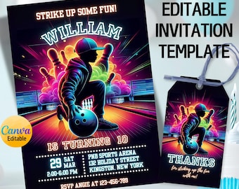 Puede incluir: Una plantilla de invitación con temática de bolos con un esquema de color neón. La invitación presenta un gráfico de una persona jugando a los bolos, el nombre "William" y los detalles del evento. También se incluye una etiqueta de agradecimiento a juego.