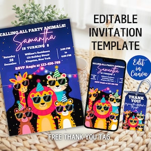Editable Party Animal Birthday Invitation, Jungle Safari Party Invite, Wild Animals Birthday Theme, Party Animal Invitation, Canva Template