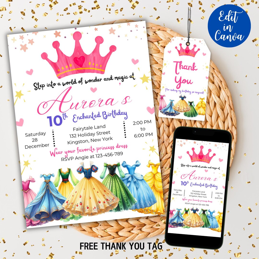 Princess Dress Birthday Party Invitation, Princess Invitation, Girls ...