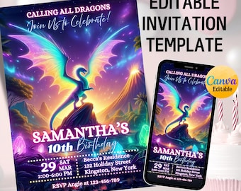 Dragon Birthday Invitation for Girls, Fantasy Dragon Invite, Dragon Theme Magical Birthday Invite, Fantasy Invite, Editable Canva Template