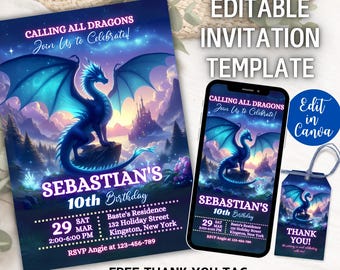 May include: An invitation template with a fantasy theme. The design features a blue dragon, a castle, and the text "CALLING ALL DRAGONS Join Us to Celebrate!" and "SEBASTIAN'S 10th Birthday". Includes a phone mockup and a thank you tag.