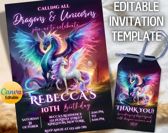 Dragon and Unicorn Birthday Invitation for Girls, Dragon Birthday Invitation, Unicorn Birthday Invite, Fantasy Party (Digital Download)