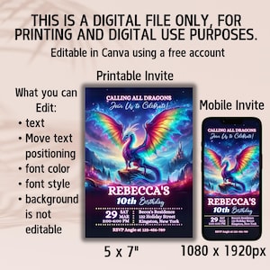 Peut inclure: Invitation num&eacute;rique imprimable avec un design de dragon color&eacute;, le texte "Calling All Dragons" et "10e anniversaire de Rebecca." Comprend les d&eacute;tails de l'&eacute;v&eacute;nement et des dimensions de 12,7 x 17,78 cm et 1080 x 1920px.