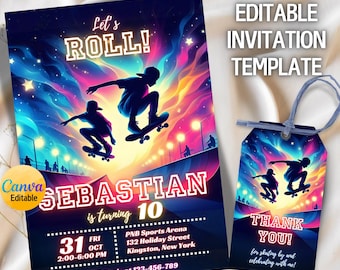 May include: A vibrant invitation and thank you tag set with a skateboarding theme. The invitation features skateboarders against a colorful backdrop, with the text "Let's Roll!" and "Sebastian is turning 10". The tag says "Thank You!"