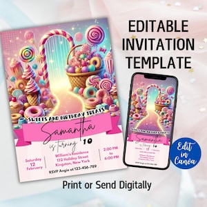 May include: Editable invitation template for a 10th birthday party with a candy theme. The invitation features a colorful illustration of a candy land with a pink banner that says "Samantha is turning 10". The text on the invitation includes the date, time, location, and RSVP information.