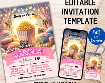 Editable Movie Night Birthday Invitation, Popcorn Birthday Party Invitation, Girls Movie Night Party, Pajama Sleepover Invitation, Canva