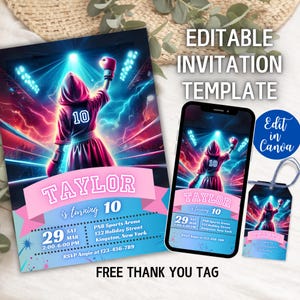 Invitación editable para fiesta de boxeo, invitación de cumpleaños de boxeo para niñas, invitación de cumpleaños de nocaut, invitación de cumpleaños deportiva, invitación digital