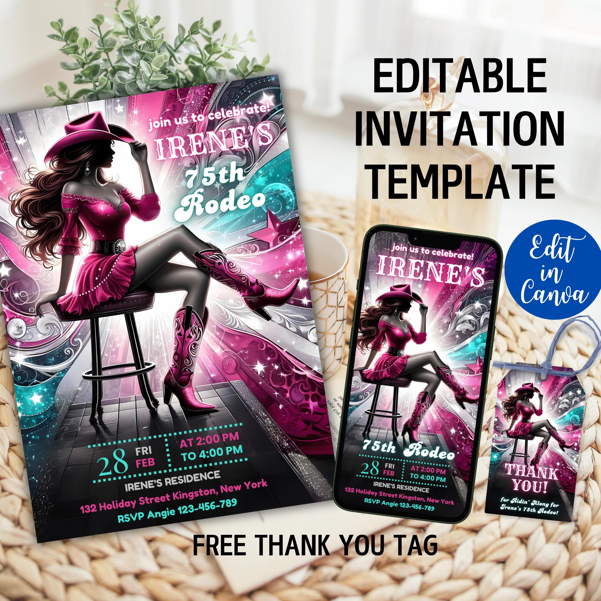 Neon Cowgirl Rodeo Birthday Invitation: Editable Saloon Party Invite (Digital Download)