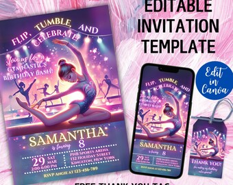May include: An invitation template with a gymnastics theme. The design features a gymnast performing a split on a balance beam, with the text "Flip, Tumble, and Celebrate!" and "Samantha is turning 8." Includes a free thank you tag.