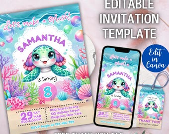 Sea Turtle Birthday Invitation, Girls Ocean Party, Under the Sea Theme Invite, Ocean Theme Party, Editable Template