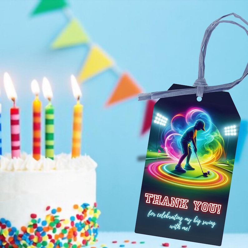 May include: A black and white thank you tag with a neon green, blue, and purple golf player graphic. The text on the tag reads "Thank You! for celebrating my big swing with me!"