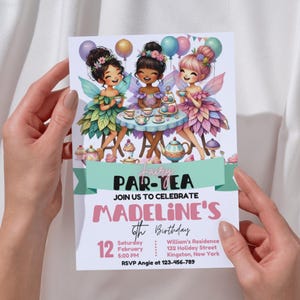 Verjaardagsuitnodiging Fairy Tea Party: grillige tuin (canvasjabloon)