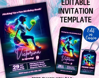 May include: Editable birthday party invitation template featuring a girl playing softball with a neon rainbow effect. The text says "Pitching Up a Fun Birthday Bash!" and "Victorina is turning 9".  The invitation includes the date, time, and location of the party. A free thank you tag is also included.