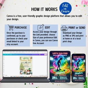 May include: A digital illustration of a Christmas party invitation with a snowman, a penguin, and a gnome. The invitation is on a laptop screen. The text on the invitation reads "Merry Little Christmas Party" and "19th December".