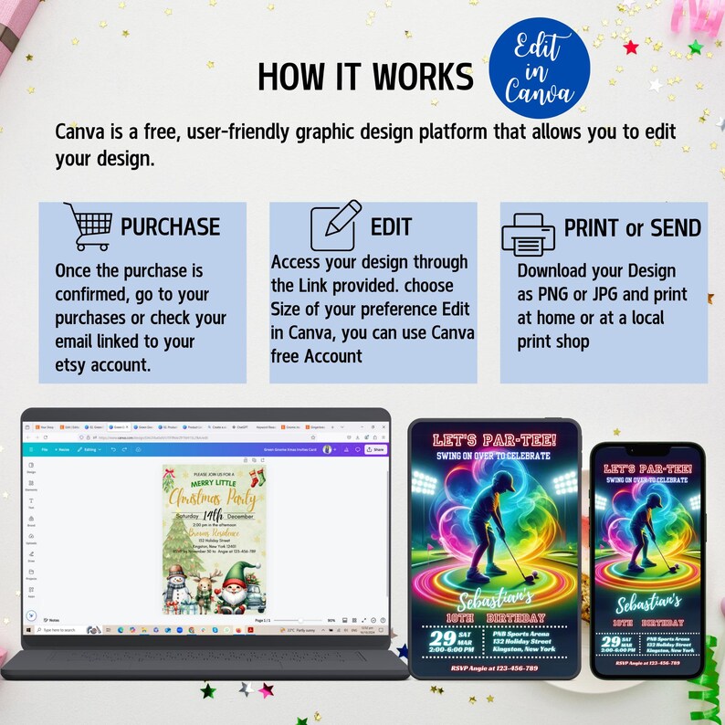 May include: A digital illustration of a Christmas party invitation with a snowman, a penguin, and a gnome. The invitation is on a laptop screen. The text on the invitation reads "Merry Little Christmas Party" and "19th December".