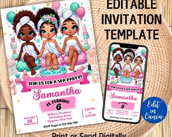 Editable Spa Birthday Invitation, Pamper Spa Party Invites, Glam and Glitz Slumber Party , Girls Sleepover Party, Canva Template
