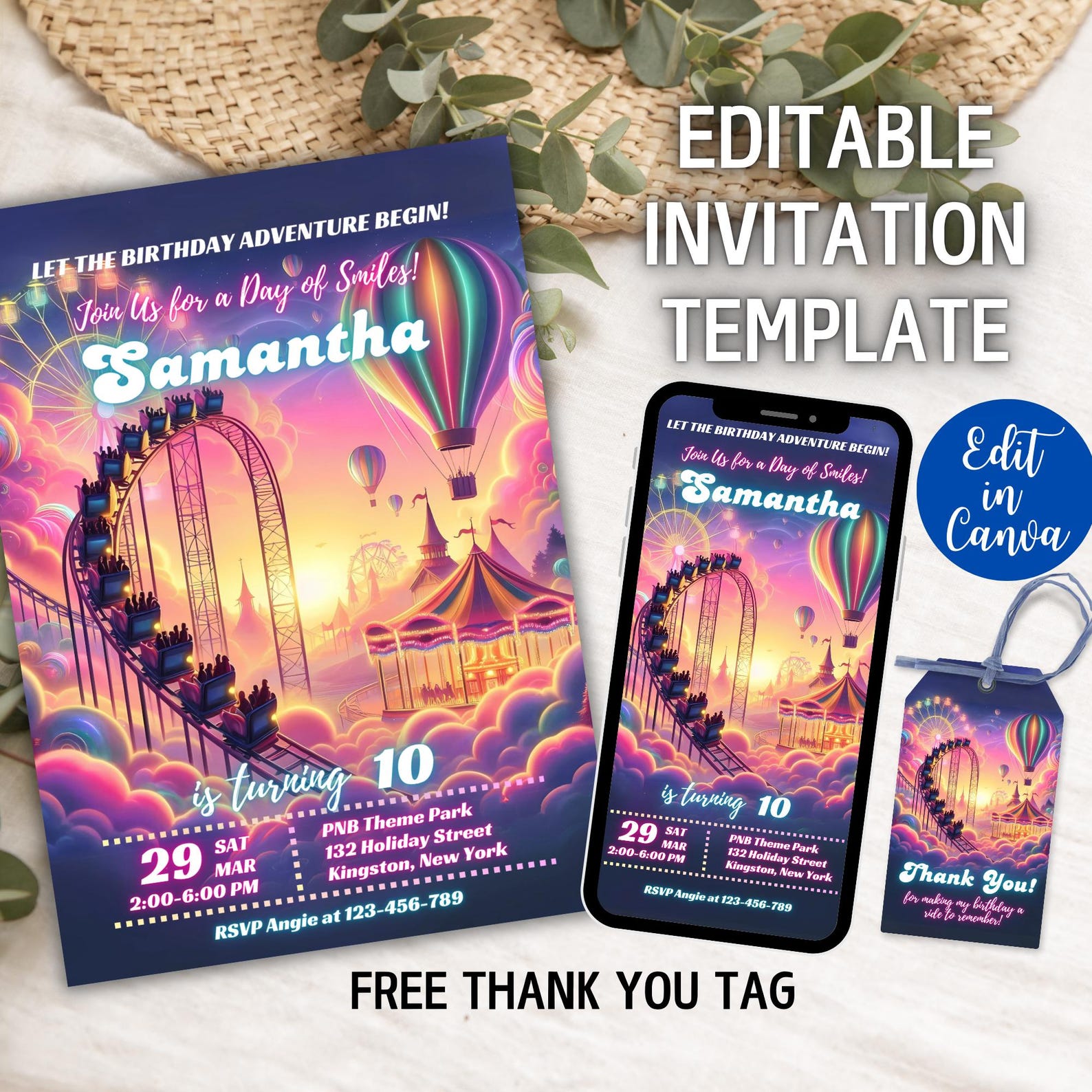Theme Park Birthday Invitation: Roller Coaster Party (canva Template ...