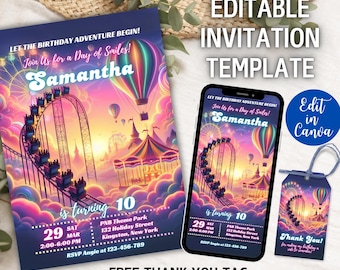 May include: Editable invitation template for a birthday party with a carnival theme. The invitation features a colorful illustration of a roller coaster, Ferris wheel, and hot air balloons against a sunset sky. The text on the invitation reads "Let the birthday adventure begin! Join us for a day of smiles! Samantha is turning 10".