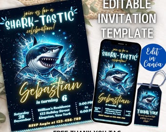 May include: A dark blue invitation template with a shark graphic and the text "SHARK-TASTIC celebration!" and "Sebastian is turning 6". Includes a matching phone screen and thank you tag. The invitation is editable in Canva.