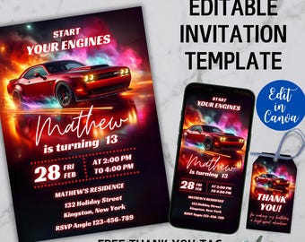 Red Race Car Birthday Invitation: Editable Canva Template (Digital Download)
